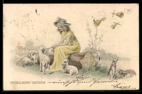AK Fröhliche Ostern, Junge Dame mit Osterlämmern und Hasen