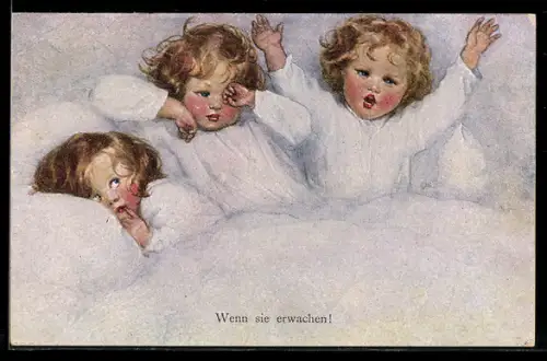 Künstler-AK Susan Beatrice Pearse: Drei kleine Kinder beim morgentlichen Erwachen