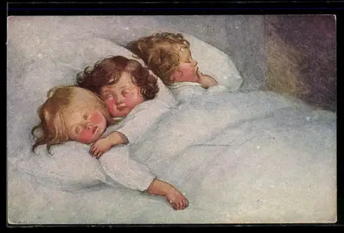 Künstler-AK M. Munk Nr. 862: In süssen Träumen!, Drei schlafende Kinder