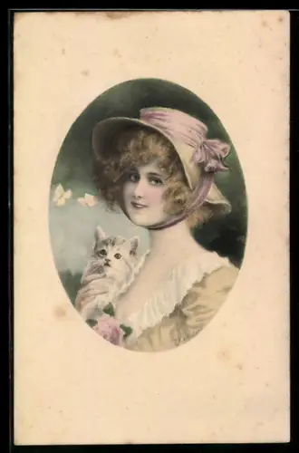 Künstler-AK Wichera: Portrait einer jungen Schönheit mit Sonnenhut & Katze