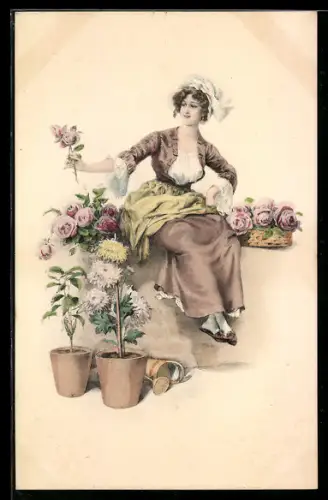 Künstler-AK M. Munk Nr. 577: Junge Frau mit Rosen