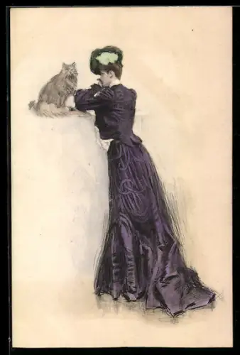 Künstler-AK M. Munk Nr. 303: Elegante Dame mit Katze