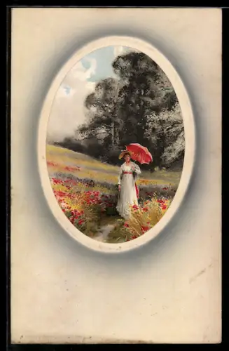 Künstler-AK Meissner & Buch (M&B) Nr. 1555: Junge Frau mit Sonnenschirm beim Spaziergang in der Natur