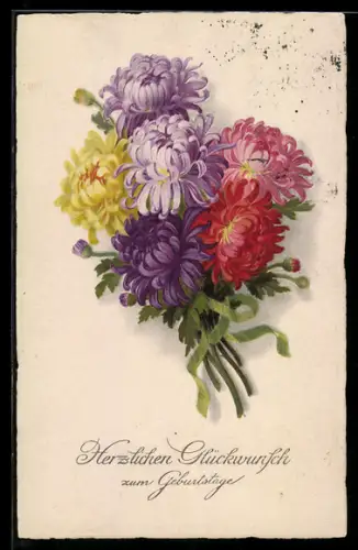 Künstler-AK Meissner & Buch (M&B) Nr. 2468: Strauss Chrysanthemen, Geburtstagsgruss