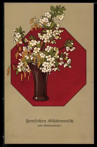 Künstler-AK Meissner & Buch (M&B) Nr. 1992: Vase mit Blumen, Glückwunsch zum Namenstag