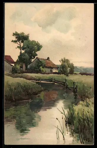 Künstler-Lithographie Meissner & Buch (M&B) Nr. 1280: Schau um Dich und schau in Dich, ländliches Idyll
