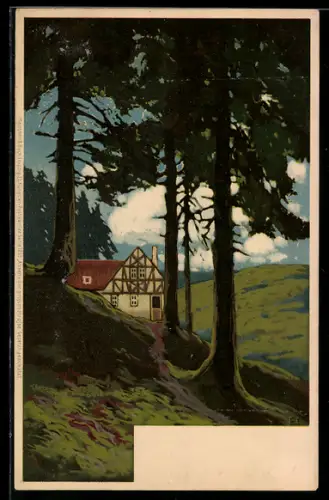 Künstler-AK Photochromie Nr. 95: Landschaft mit Fachwerkhaus