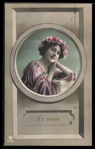Foto-AK RPH Nr. 2172/6: I`y pense, Mädchen mit Blumen-Haarkranz, Rahmen