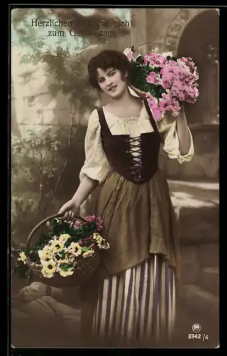 Foto-AK RPH Nr. 5742/4: Junge Dame im Dirndl mit Blumen, Geburtstagsgruss