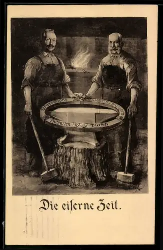 Künstler-AK Kaiser Franz Josef I. von Österreich und Kaiser Wilhelm II. als Schmiede mit Amboss