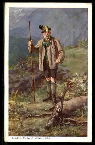 Künstler-AK Kaiser Franz Josef I. von Österreich als Jäger neben dem erlegtem Hirsch