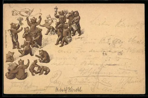 Lithographie Bären feiern einen Pokalsieger in den Bergen, Trommel, Bärenkinder, Gewehr