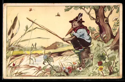 AK Hase in Kleidung beim Angeln am Fluss, Möhre