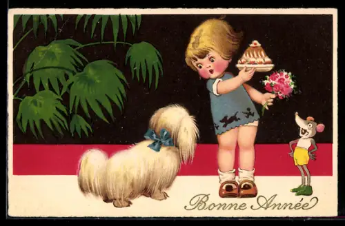 AK Kleines Mädchen mit Torte u. Blumen, Maus in Hose u. Schuhen, Hund, Neujahrsgruss