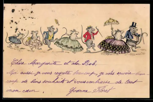 AK Elegante Mäusedamen und -herren, Hüte, Reifröcke, Schirm