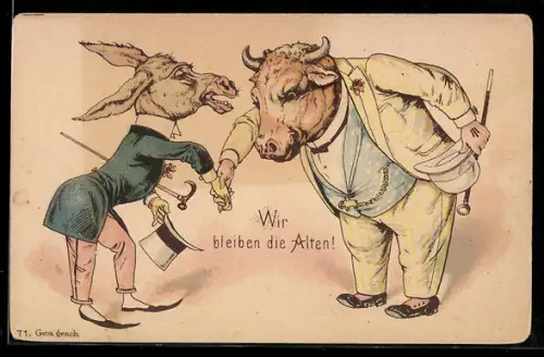 Künstler-AK Wir bleiben die Alten!, Esel und Ochse geben sich die Hand
