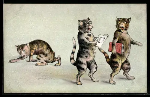 AK Zwei Katzen singen vom Blatt, dritte Katze am Boden