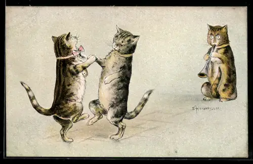 AK Zwei Katzen tanzen miteinander, dritte Katze spielt auf einem Blasinstrument