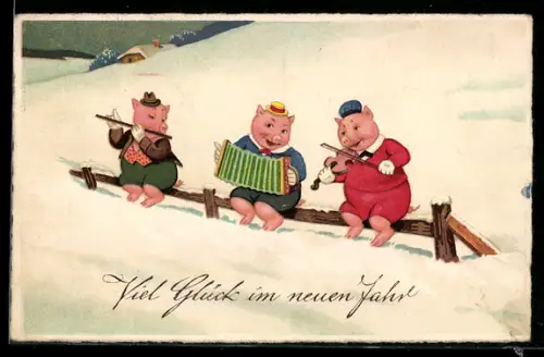 AK Drei Schweinchen musizieren im Schnee, Ziehharmonika, Flöte, Geige, Neujahrsgruss