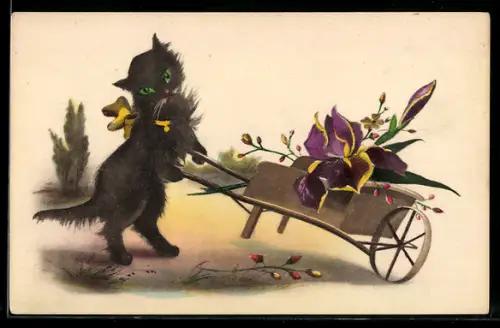 AK Katze mit Schleife schiebt eine Karre mit Blumen