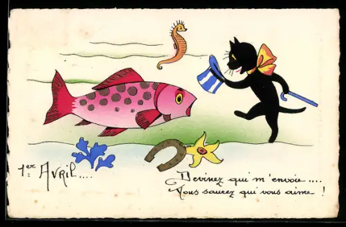 AK Schwarzer Kater zieht seinen Hut vor Fisch im Wasser, Seepferdchen, Seestern, Hufeisen, 1er Avril