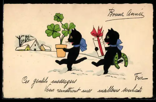 AK Zwei schwarze Katzen mit Glücksklee, Geschenk und Hufeisen unterwegs im Schnee
