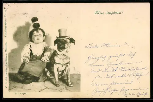 AK Mein Compliment!, Kleiner Clown neben Hund mit Zylinder