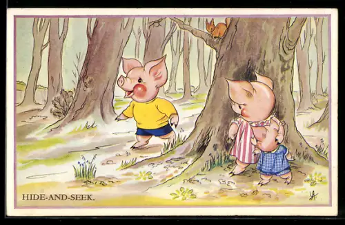 AK Bekleidete Schweinefamilie beim Versteckspiel im Wald, Eichhörnchen