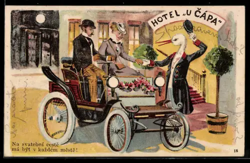 AK Hotel u Cápa, Elegantes Paar im Auto wird am Hotel vonn Storch als Portier empfangen