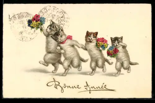 AK Vier Katzen mit Blumensträussen, Neujahrsgruss