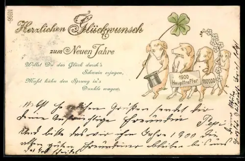Präge-AK Vier Schweine mit Zylinder, Glücksklee, Blumen u. Geldsack, Neujahrsgruss 1900