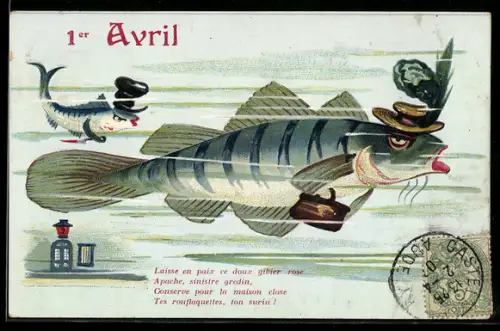 AK Grosser und kleiner Fisch mit Hüten im Wasser, Fischwohnung, 1. April