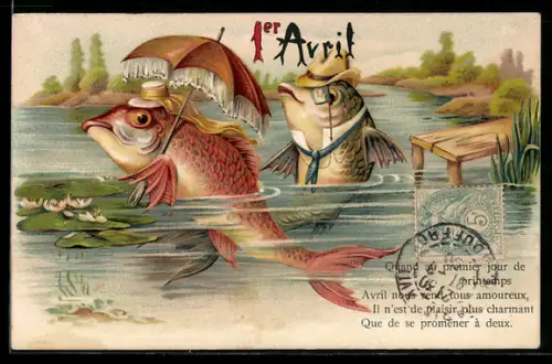AK Fischdame mit Schirm und Fisch mit Hut tauchen aus dem Wasser eines Sees auf, 1. April