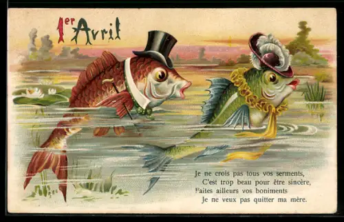 AK Vermenschlichte Fische mit Hut und Spazierstock blicken aus dem Wasser, Gruss zum 1. April