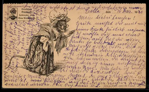 AK Alte Mäusedame mit Stock, Haube und Brille, Mädchenkalender 1919, Das Kränzchen