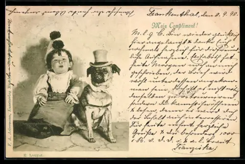 AK Mein Compliment, Kleiner Clown, Hund mit Zylinder