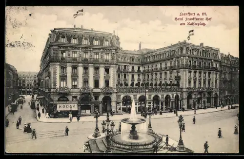AK Frankfurt /Main, Grand Hotel Frankfurter Hof am Kaiserplatz, Springbrunnen