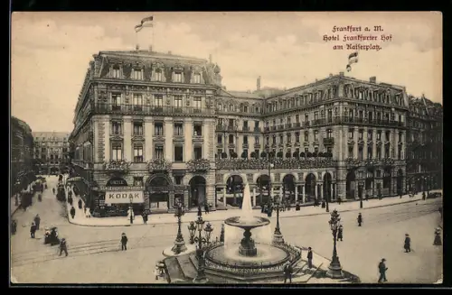 AK Frankfurt /Main, Grand Hotel Frankfurter Hof am Kaiserplatz, Springbrunnen
