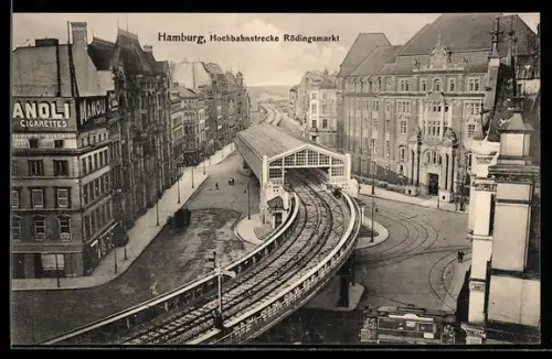 AK Hamburg, Manoli Cigarettes Werbung an der Hochbahnstrecke Rödingsmarkt