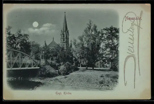 Mondschein-AK Neuenahr, Englische Kirche mit Brücke