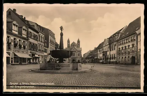 AK Speyer, der Gregorbrunnen auf der Maximilianstrasse