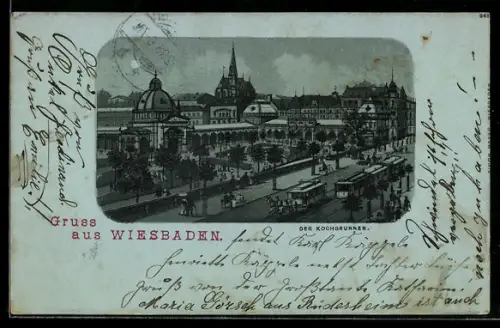 Mondschein-Lithographie Wiesbaden, Kochbrunnen, Promenade mit Strassenbahn