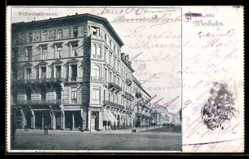 AK Wiesbaden, Wilhelmstrasse, Strassenansicht mit Läden