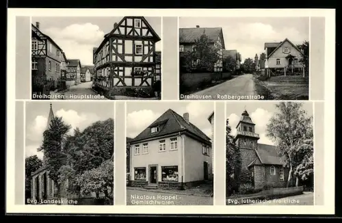 AK Dreihausen /Marburg, Hauptstrasse, Nikolaus Happel Gemischtwaren, Evg. lutherische Freikirche