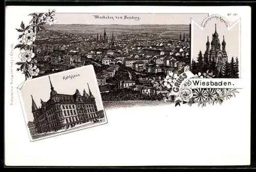 Lithographie Wiesbaden, Panorama vom Neroberg, Rathaus