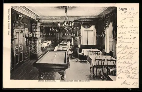 AK Hagen i. W., Hotel Rüssmann, Restauration mit Billardsaal