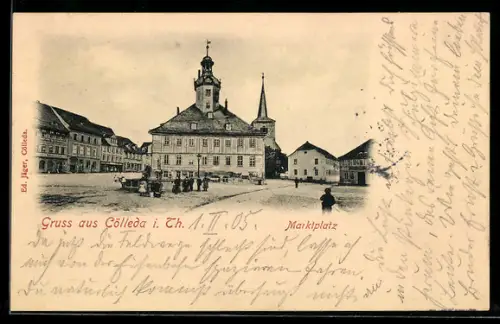 AK Cölleda i. Th., Marktplatz mit Rathaus und Kirche