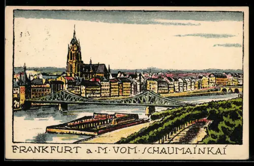 Steindruck-AK Frankfurt-Sachsenhausen, Blick vom Schaumainkai