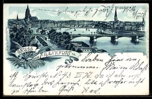 Lithographie Frankfurt a. M., Ortsansicht mit Mainbrücken