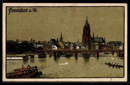 Steindruck-AK Frankfurt a. M., Panorama vom Main aus